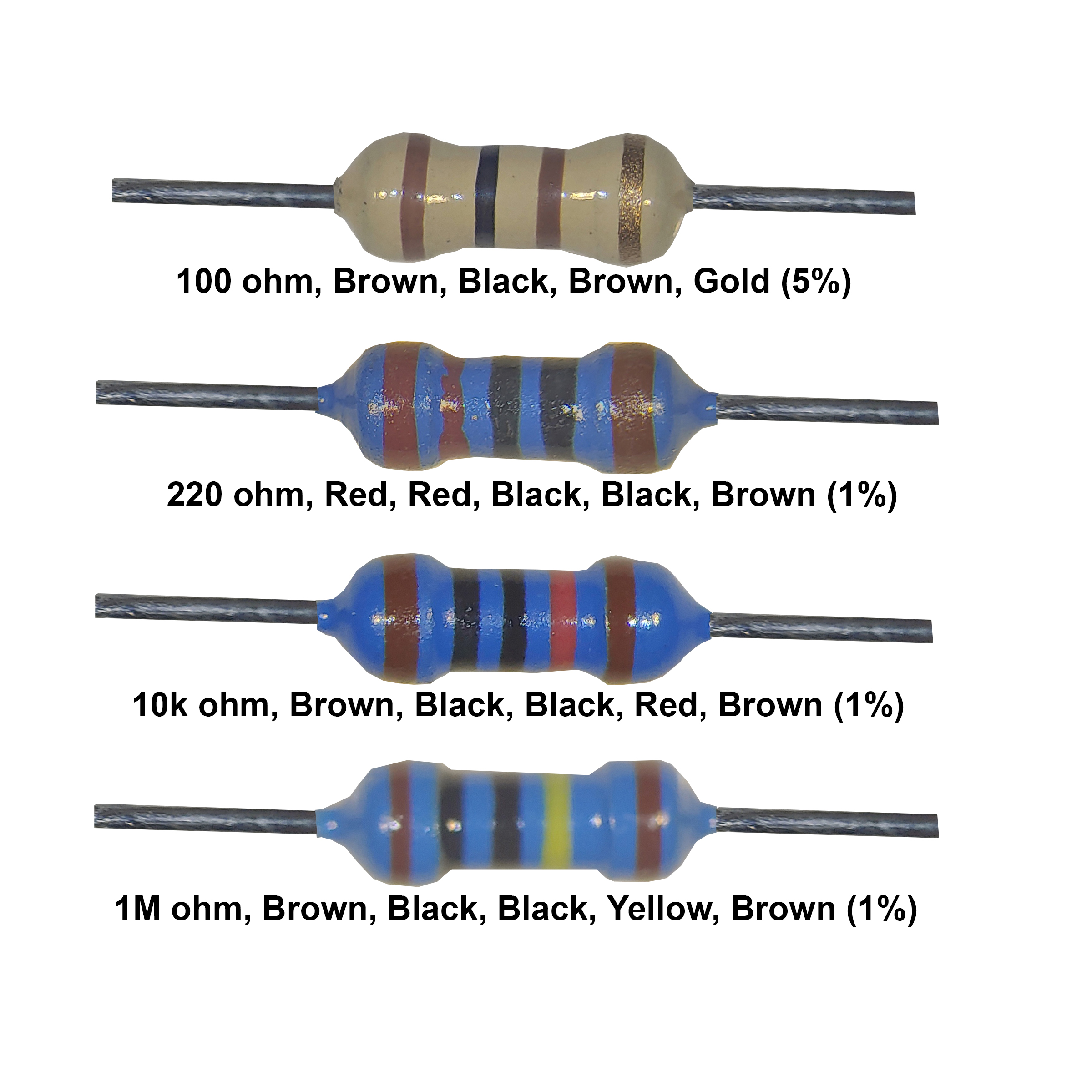 1 each: 100Ω, 220Ω, 10kΩ, & 1MΩ.